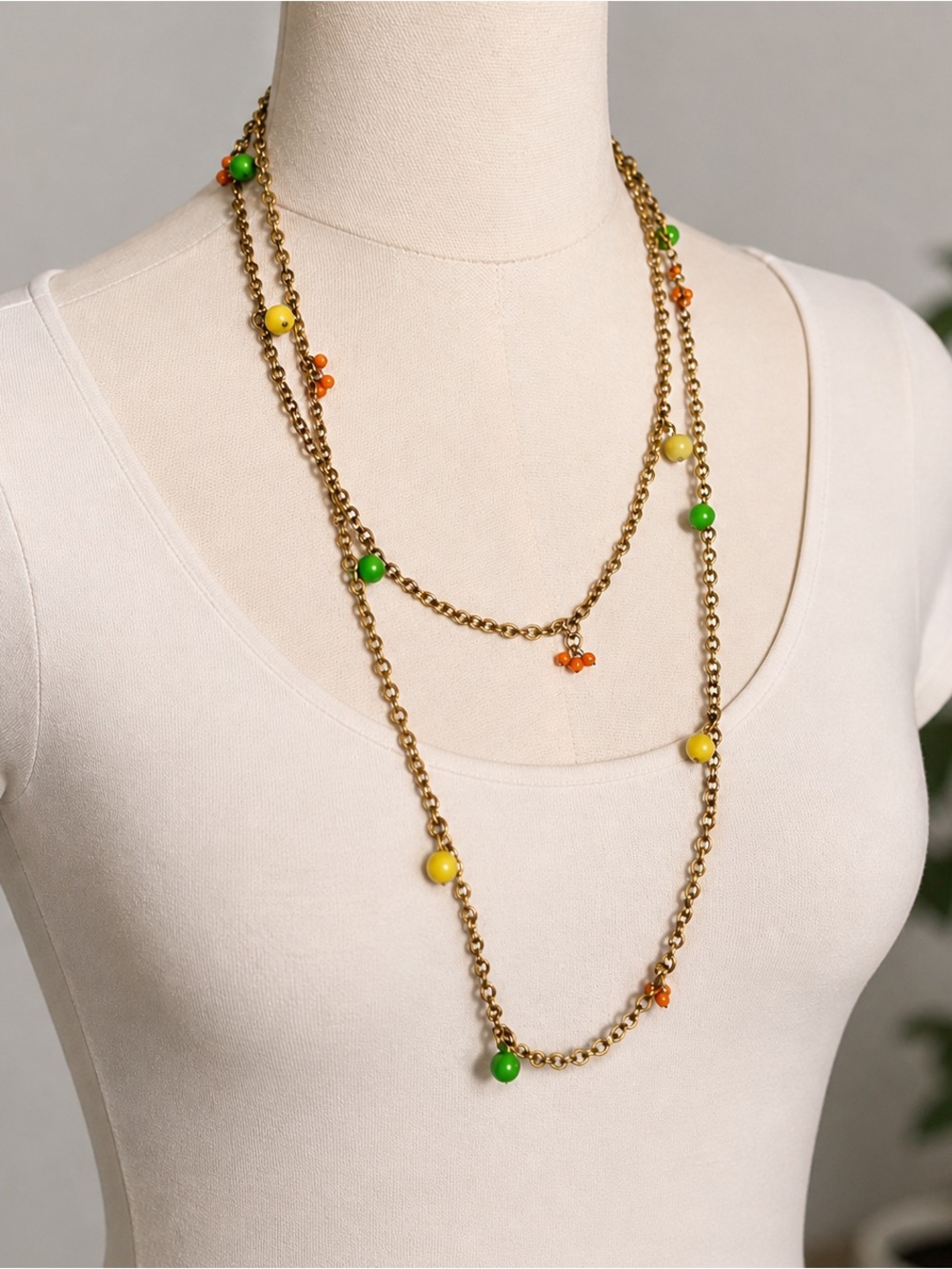 Vintage Estate Strand Gold Brass Chain Necklace with Green and Orange Beads